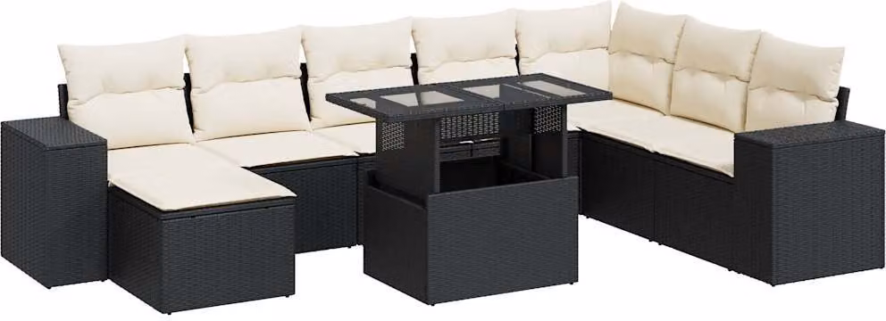 Set Divani da Giardino 9 pz con Cuscini Nero in Polyrattan