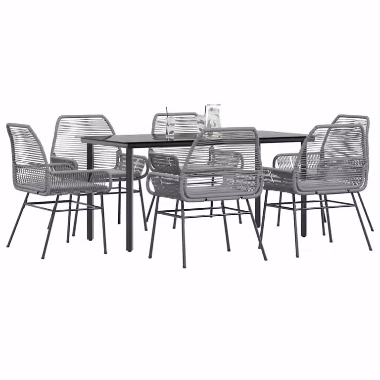 Set da Pranzo da Giardino vidaXL in Polyrattan con Vetro e Cuscini, 7 Pezzi, Grigio e Nero