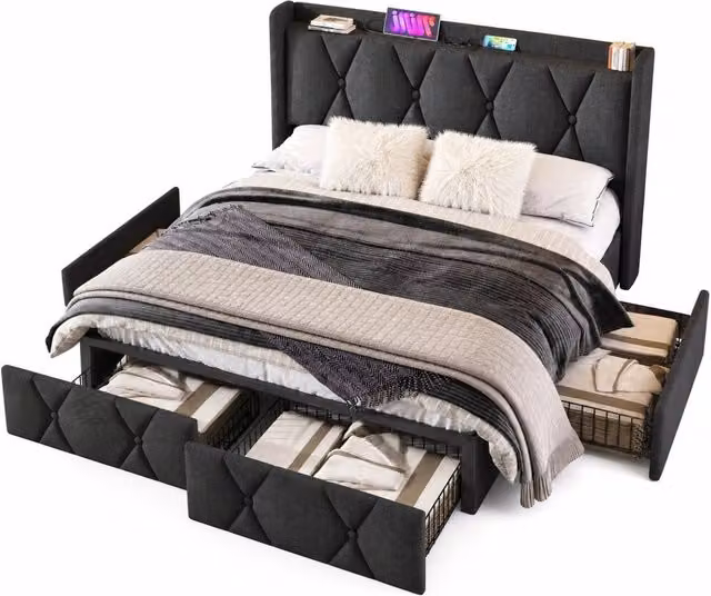 Letto matrimoniale 160 × 200 cm 2 posti con 4 cassetti, prese e USB, senza materasso, in lino grigio