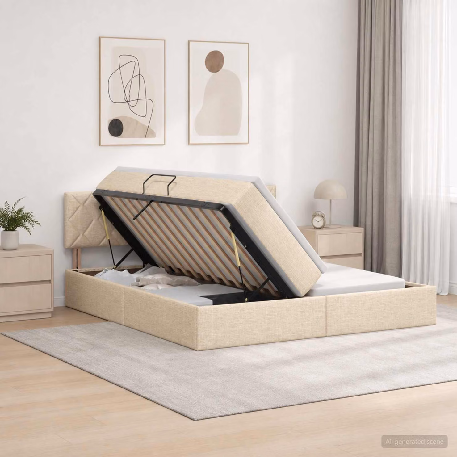 Letto con contenitore e testiera vidaXL in ecopelle color crema, L/P/H: 200 x 200 x 88 cm