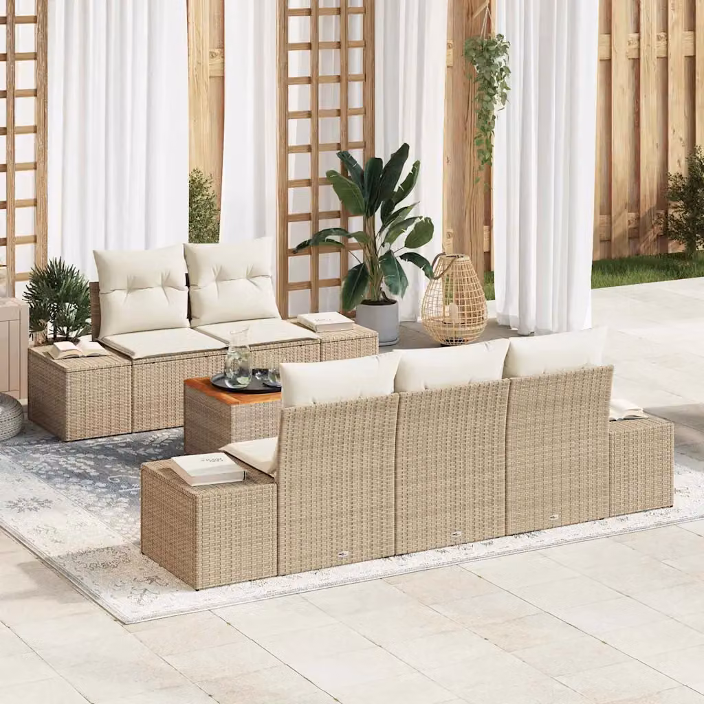 Set Divano da Giardino vidaXL 6 pz a Forma a L con Tavolino, Colore Beige e Bianco, Struttura in Metallo e Legno di Acacia con Cuscini Inclusi – 1