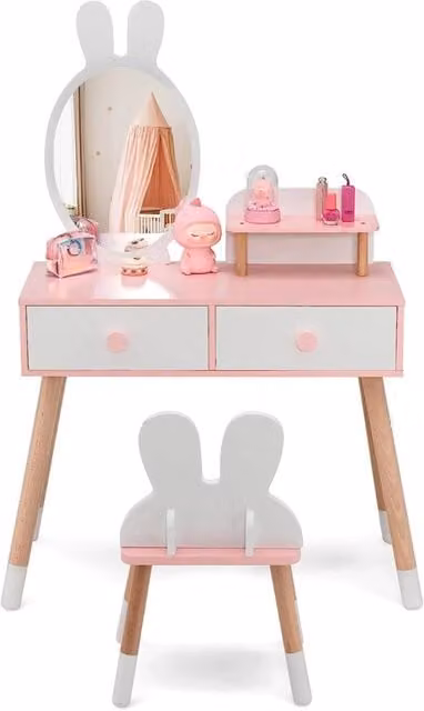 Set toeletta per bambini Design Mania con specchio a forma di coniglio, tavolo, sedia e cassetti, colore bianco – 1