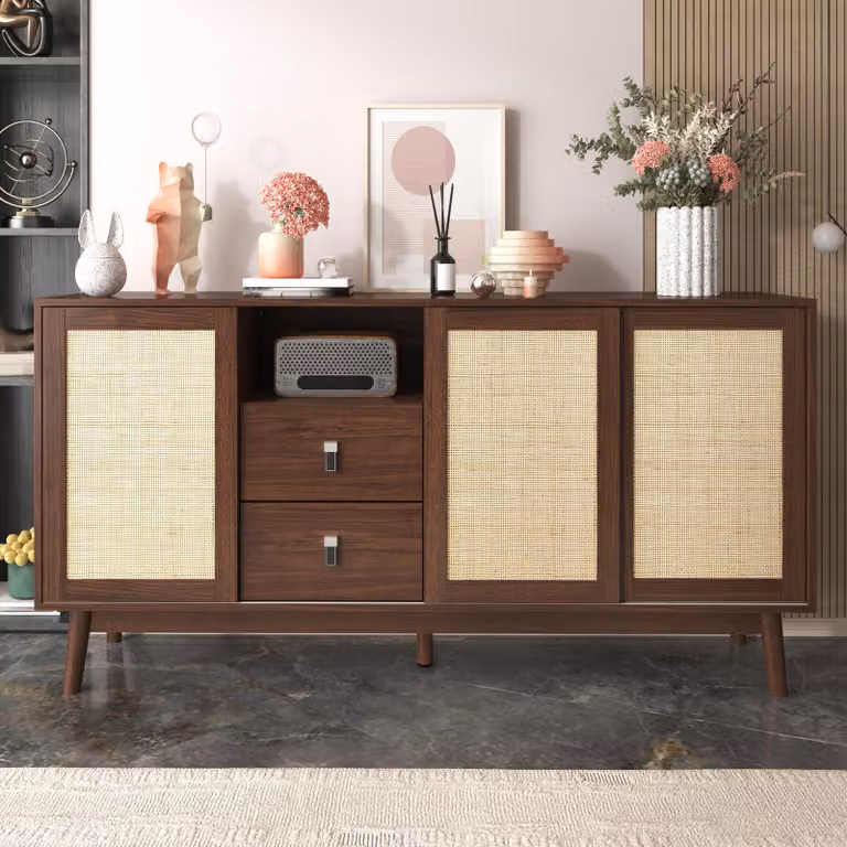 okwish Cassettiera da cucina 155x38x80 cm, con 3 ante scorrevoli in vero rattan e 2 cassetti, 155x38x80 cm - Traspirante, stabile e versatile