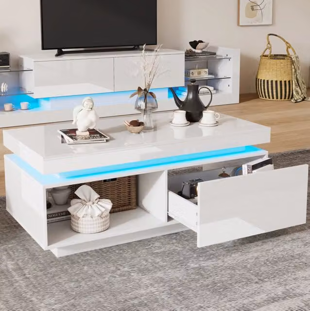 Tavolino da caffè moderno bianco lucido con LED, 100x50x40,3 cm, con cassetto e portata fino a 50 kg