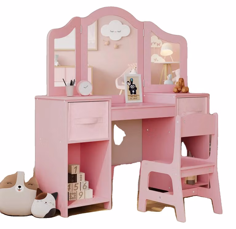 Toeletta per bambini, toeletta in legno, specchio rimovibile a tre ante ribaltabili, rosa