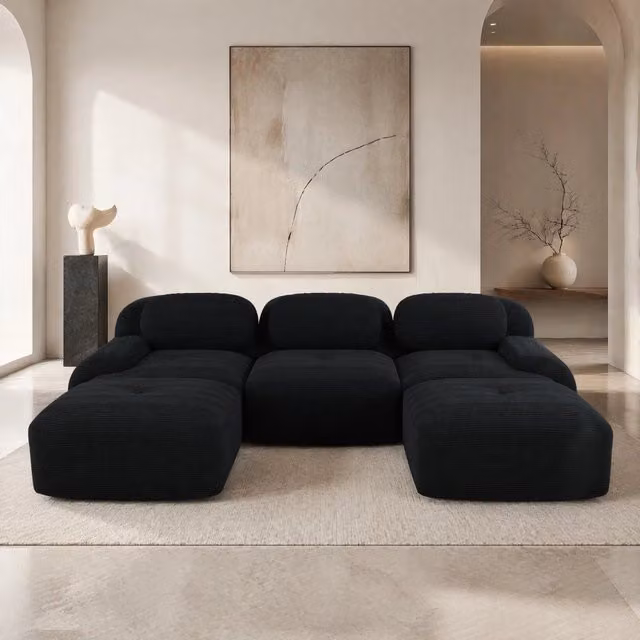 Divano angolare modulare senza telaio in velluto a coste nero; 298×178×70 cm
