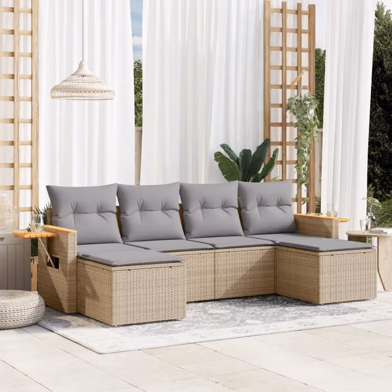 vidaXL Set Divano da Giardino a L composto da 6 pezzi in Polyrattan con Cuscini Beige e Struttura in Legno di Acacia
