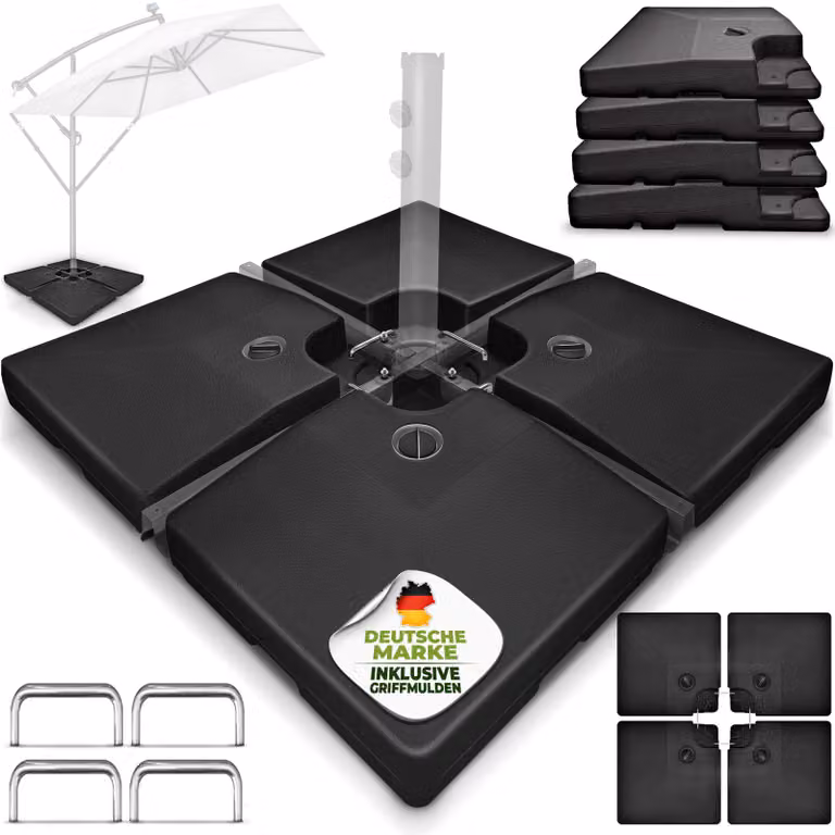 tillvex® Supporto per ombrellone nero 90 litri / 120 kg - 4 pezzi per ombrellone a sbalzo incl. connettore in metallo | peso dell'ombrellone riempibile con acqua o sabbia | supporto per ombrellone a sbalzo resistente alle intemperie