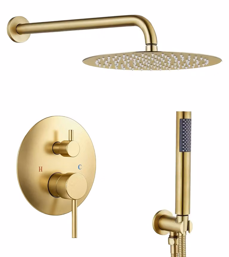 Set doccia da incasso, finitura oro spazzolato, forma circolare, soffione a pioggia, tubo flessibile da 1,5 metri