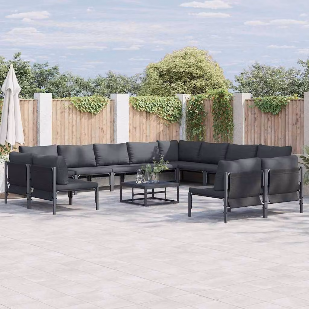 Set Divano da Giardino a L vidaXL 13 pz in Acciaio Antracite con Cuscini e Tavolino