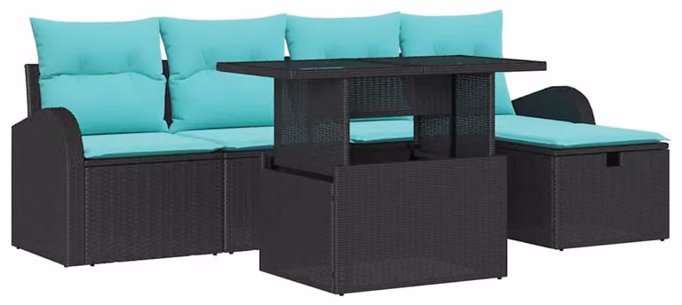 Set da giardino composto da 6 pezzi, colore nero, realizzato in rattan sintetico