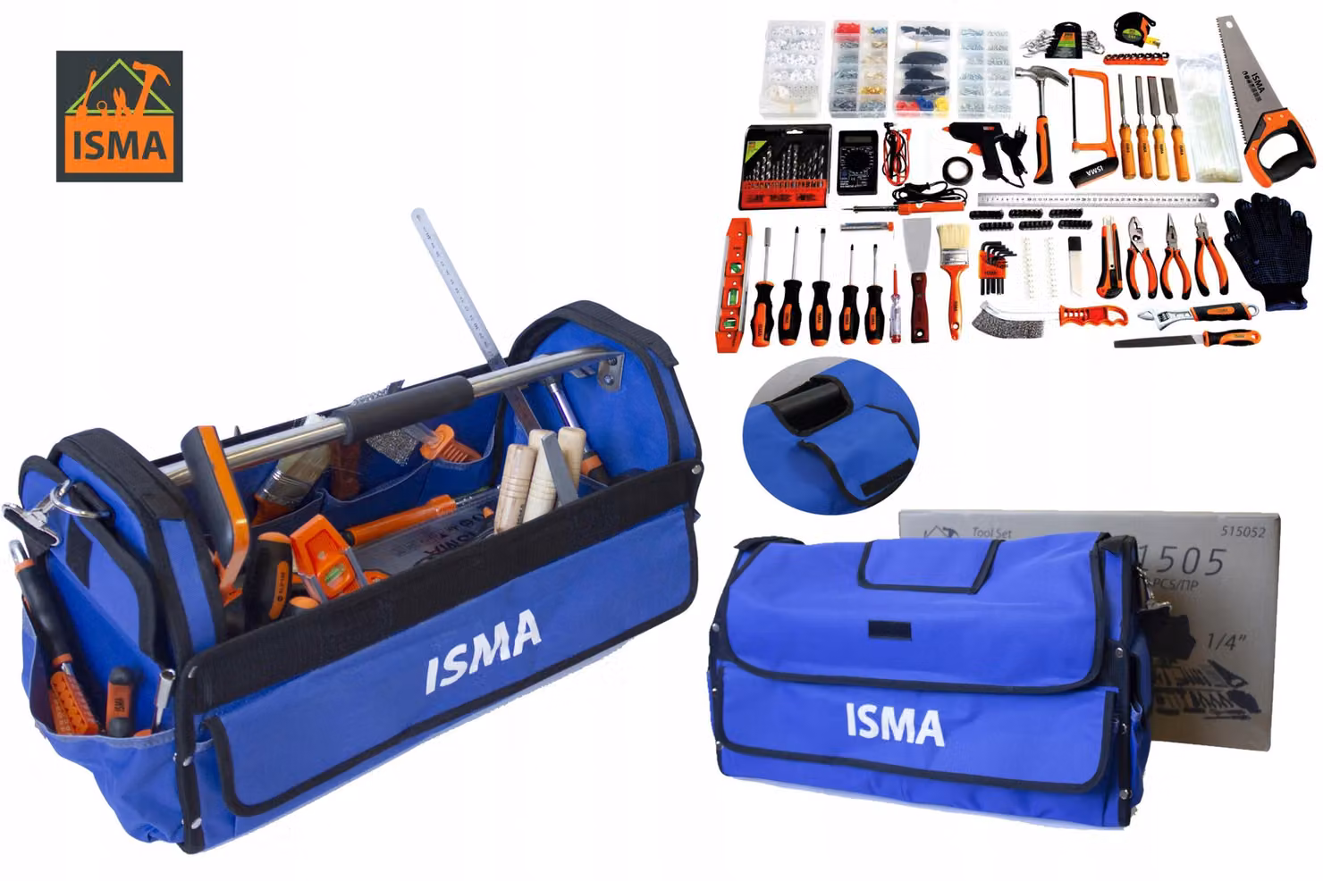 Set di attrezzi manuali ISMA per la casa e il garage con 1505 pezzi per il fai da te in casa e in ufficio, in una pratica borsa, cacciavite, cacciavite, chiave, scalpello per legno, chiave inglese