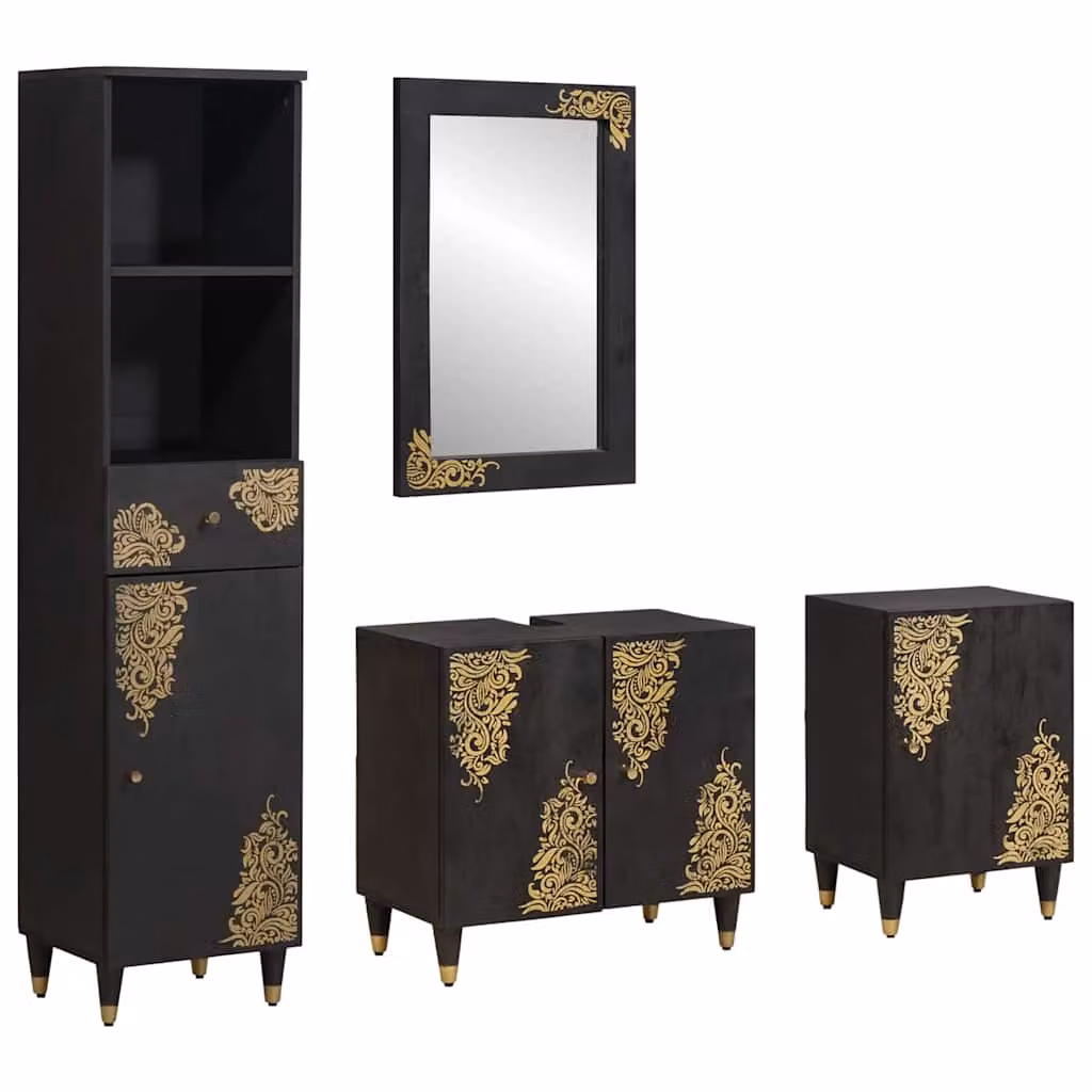 Set di mobili da bagno vidaXL in legno di mango massello stile rustico, colore nero e oro, con vanità e armadietti a parete