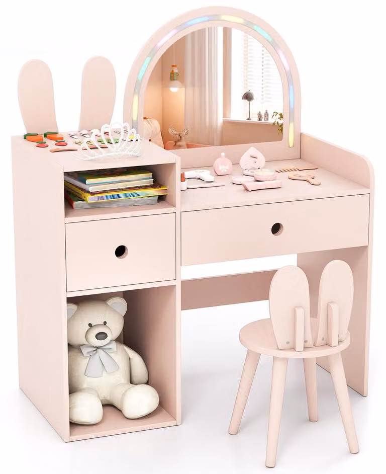 Tavolino da trucco per bambini FANTASK con illuminazione a LED, tavolino da parrucco con sgabello e spazio contenitivo