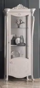 Vetrina Luna KIVIO in legno massiccio bianco con ante in vetro e stile shabby chic, H: 215 cm, L: 92 cm, P: 54 cm