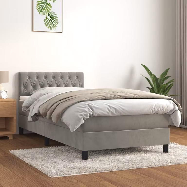 The Living Store Letto a molle con materasso grigio chiaro 90x200 cm in velluto