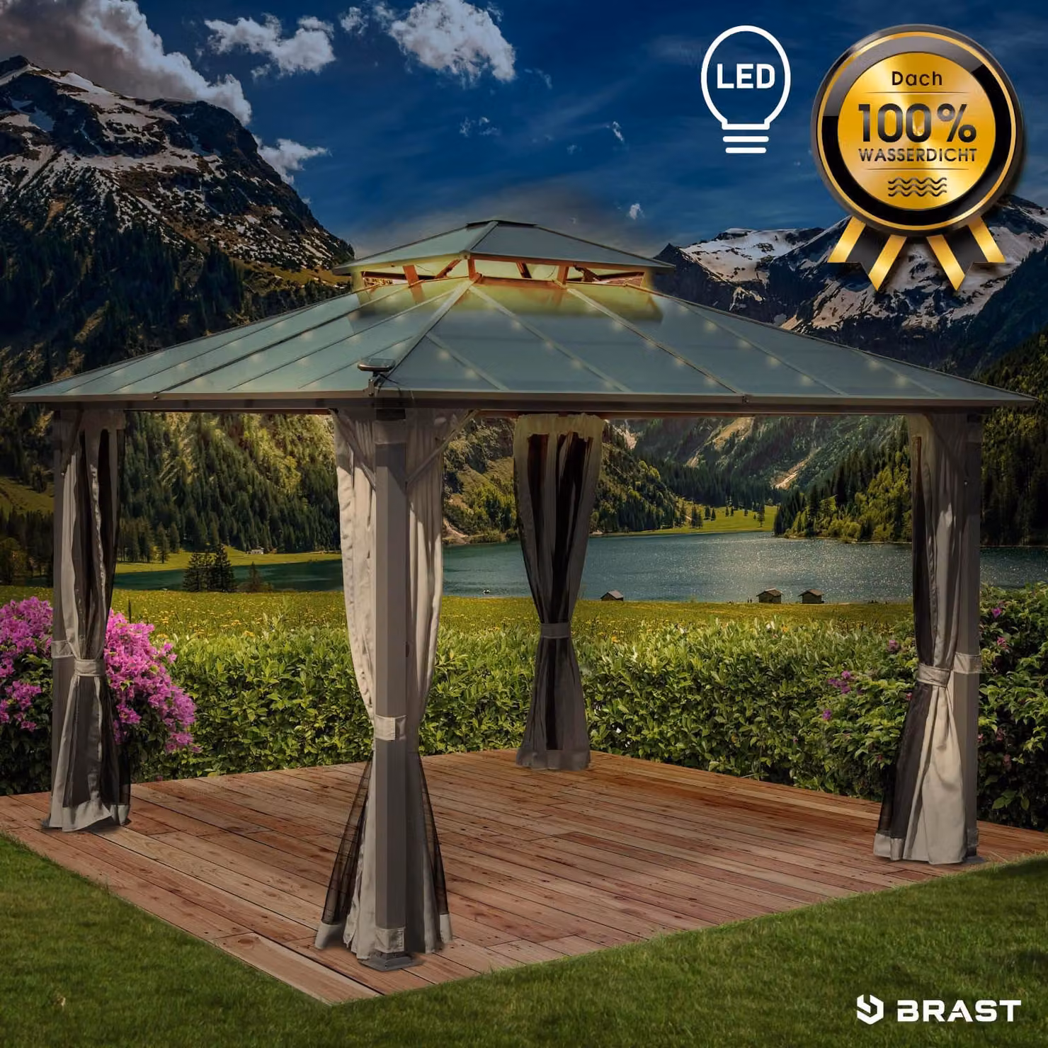 Padiglione in alluminio PAGODE 3,5x3,5 m grigio chiaro con zanzariera e illuminazione a LED