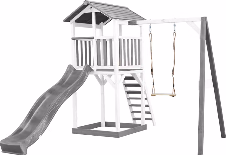 AXI Beach Tower parco giochi in legno in grigio e bianco | Torre di gioco per bambini con sabbiera, altalena e scivolo grigio | Casa per bambini su palafitte per il giardino