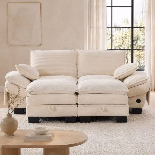 Divano modulare 2 posti in velluto a coste con 2 pouf; USB-C; 190x132x84 cm; beige