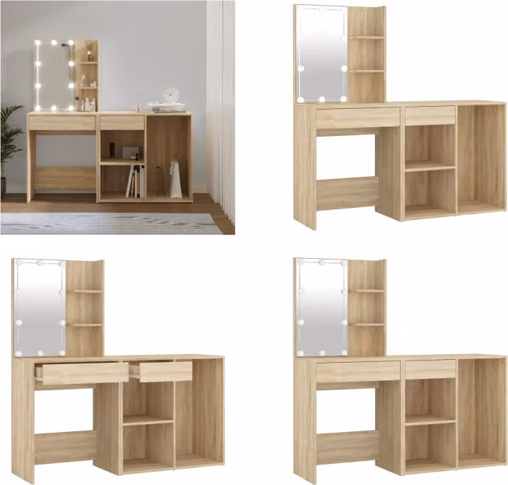 vidaXL Tavolo da toilette a LED con armadietto Sonoma in legno di quercia - Tavolo da toilette a LED con armadietto - Tavolino da toilette - Tavolino da toilette
