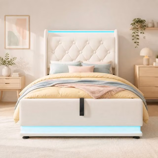 Letto singolo ULEVR 90x200 cm contenitore idraulico con LED 360¡ã, USB e Type-C, PU bianco