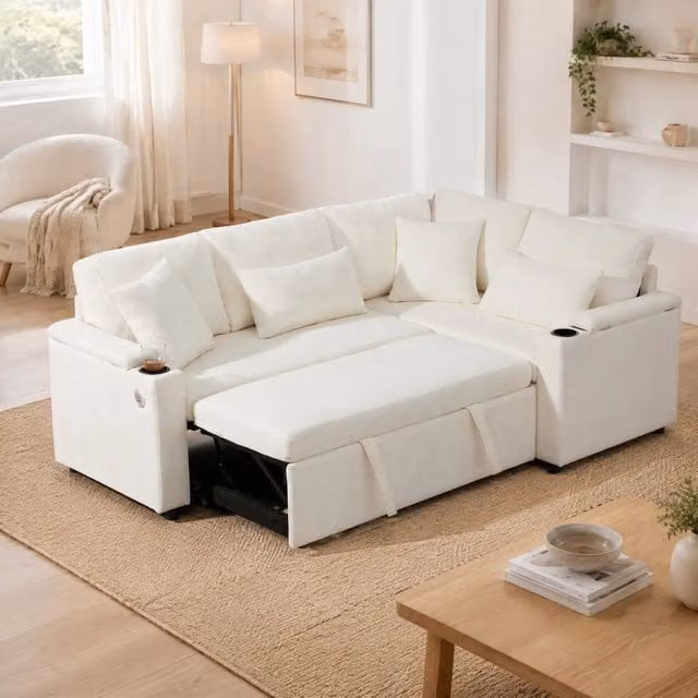 Divano angolare con letto estraibile; contenitore; chaise longue destra fissa; USB; ciniglia beige