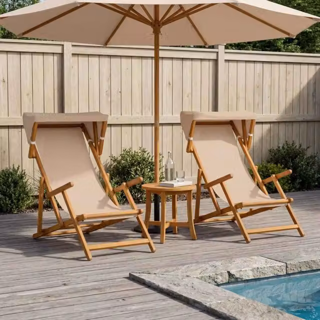 Set di 2 lettini prendisole vidaXL in legno di eucalipto oliato con tessuto beige resistente ai raggi UV e poggiatesta regolabile