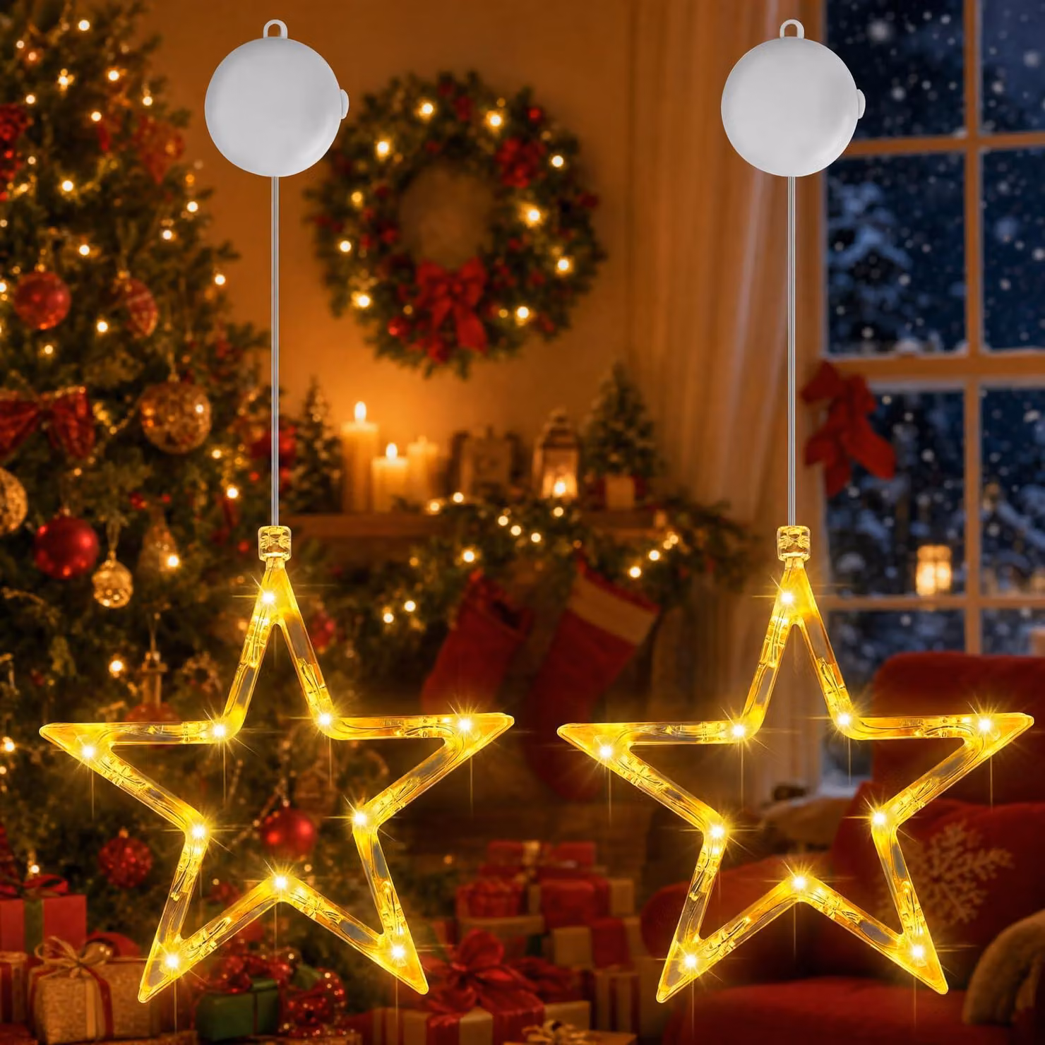 Tenda luminosa a LED a forma di stelle, luce bianco caldo, set da 2, con timer, per finestre