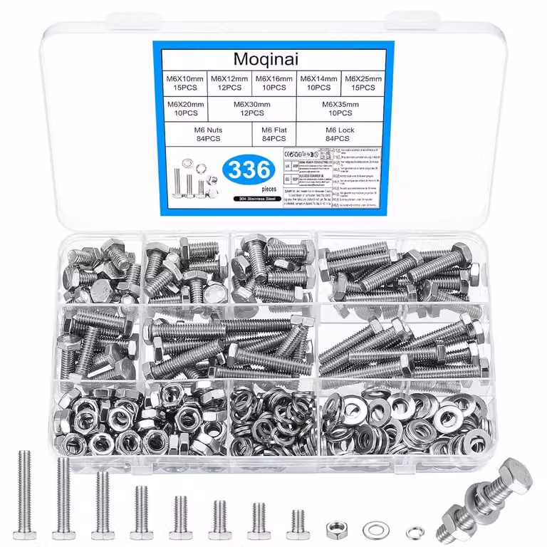 Set di viti a Esagono M6, 336 pezzi, in acciaio inossidabile, completo di dadi e rondelle, ideale per l'officina