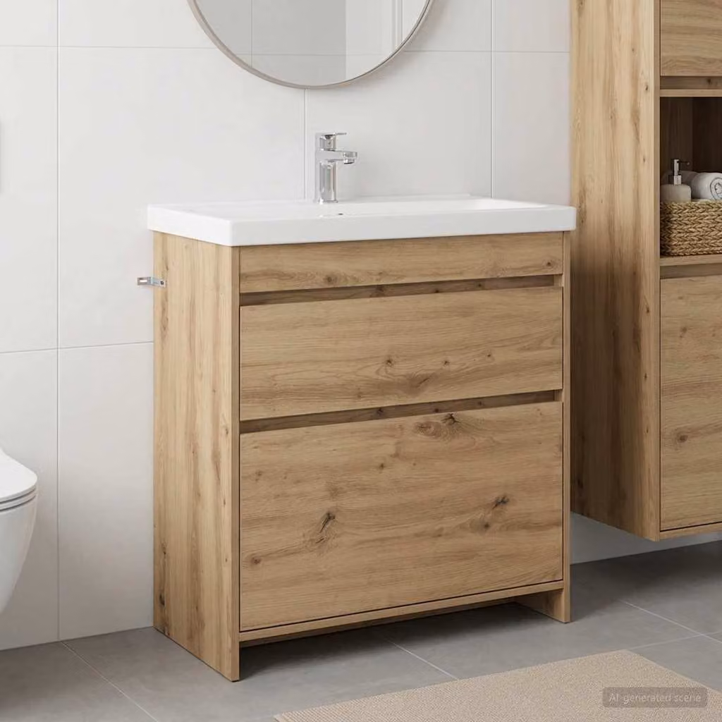 vidaXL Mobiletto da Bagno Sospeso Moderno in Rovere Opaco con Cassetti e Ante, L/P/H: 81,0 x 37,5 x 78,5 cm