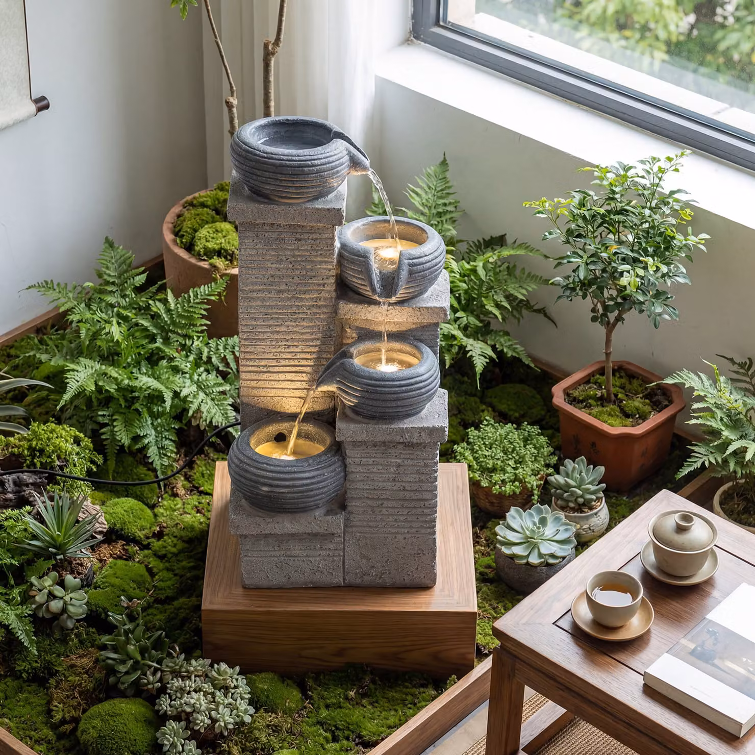 Fontana da giardino a cascata Costway a 4 livelli in resina grigia con 3 luci LED, pompa silenziosa e velocità regolabile