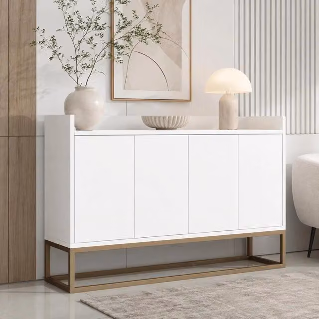 Credenza moderna bianca con 4 ante e gambe in metallo per soggiorno e cucina, L: 120 cm