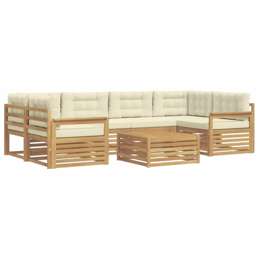 Set di divani da esterno a L vidaXL in legno di acacia con tavolo da caffè, 7 pezzi, Bianco e Beige – 2