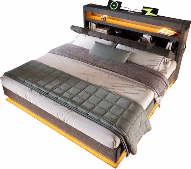 Letto matrimoniale 140x190 cm con contenitore idraulico; LED e USB-C in lino grigio