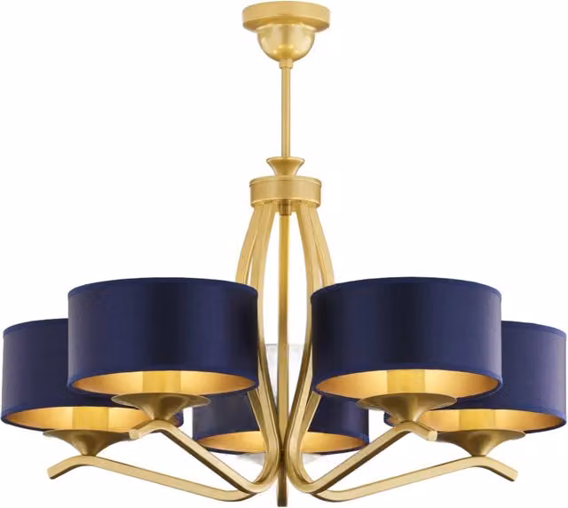 Lampadario classico Jupiter con 5 luci e paralumi blu, finitura oro/ottone