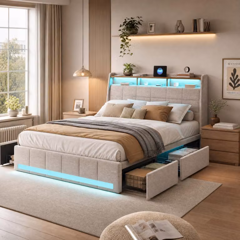 Letto imbottito 140x200 cm con LED nella testiera e porta USB, letto matrimoniale con 4 cassetti, struttura letto con rete a doghe, colore lino, beige (senza materasso)