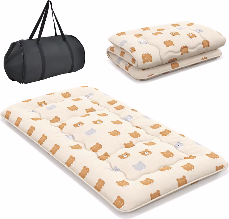COSTWAY Materasso con fodera lavabile e borsa per il trasporto, materassino tatami pieghevole, materasso da pavimento 90x200cm orso marrone