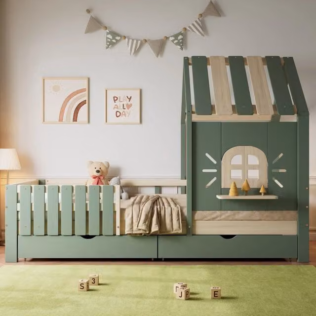 Letto per bambini con tetto e finestre ¨C Minimal ¨C 2 cassetti, pino + MDF, verde + naturale, 90x200cm