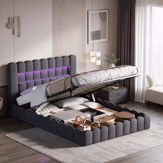Letto matrimoniale 140x200 cm con contenitore idraulico LED USB testiera imbottita rete a doghe in lino - grigio