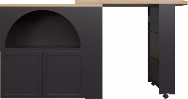 Tavolo Bar Estensibile con LED e Spazio di Archiviazione, 135-205x39x100 cm, Nero, Mobile Bar con Ruote e Design Curvo