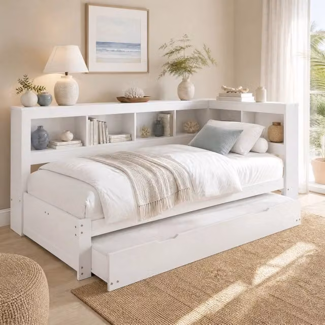 Letto 90x200 cm bianco con letto estraibile e USB, senza materasso