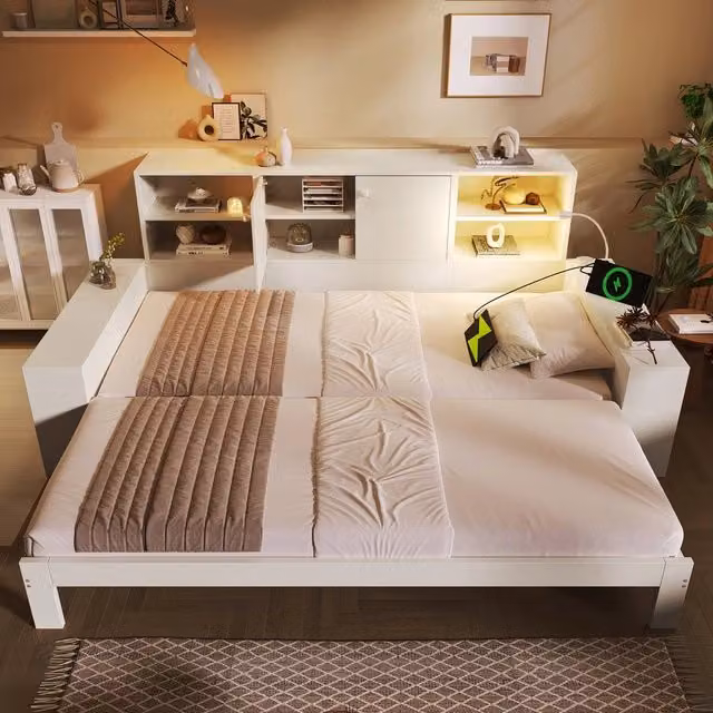 Letto a scomparsa 90x200 cm Bianco - Zephmum - Con cassetti, porte USB/USB-C