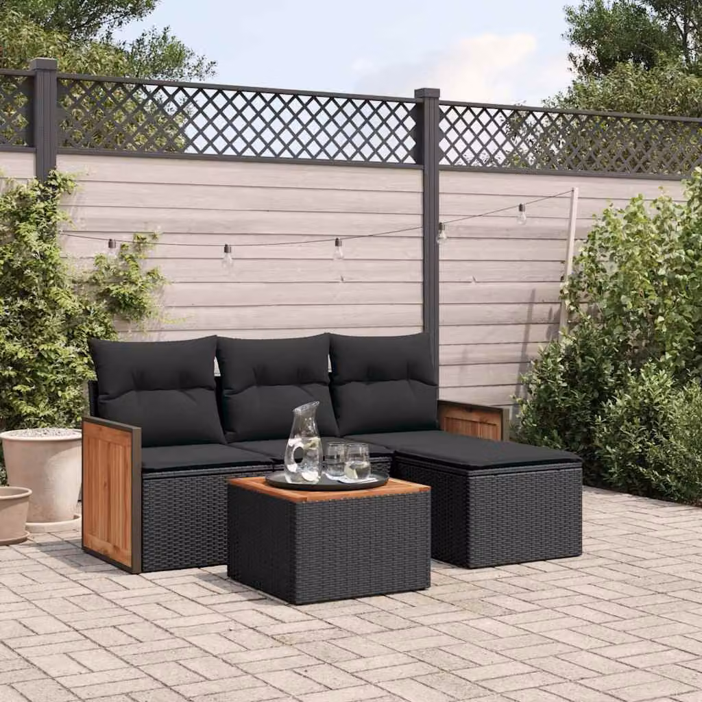 vidaXL Set Divani da Giardino a L 5 pz in Polyrattan Nero con Cuscini e Tavolino da Esterno – 1