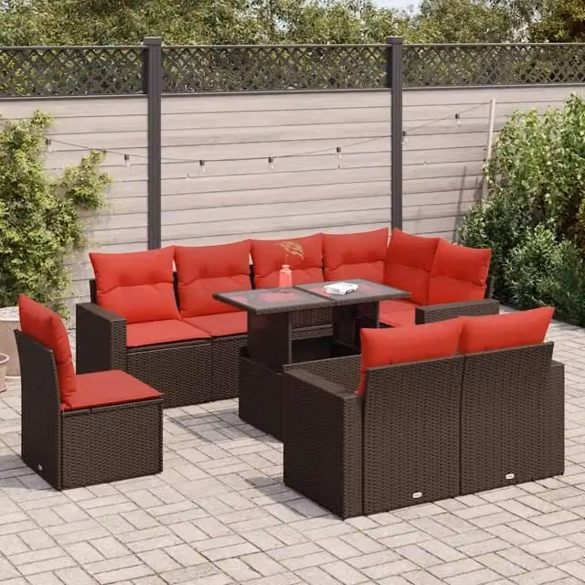 Set Divani Giardino 9 pz con Cuscini Marrone Polyrattan Acacia 3326345