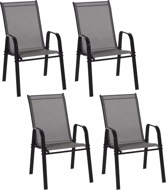 Set 4 Sedie da Giardino Impilabili in Metallo e Tessuto a Rete con Braccioli Salvaspazio per Esterno Balcone Grigio