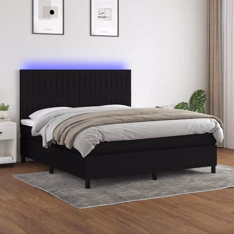 Letto a Molle con Materasso vidaXL con Illuminazione LED e Porte USB, Tessuto Nero, L/P: 160 x 200 cm