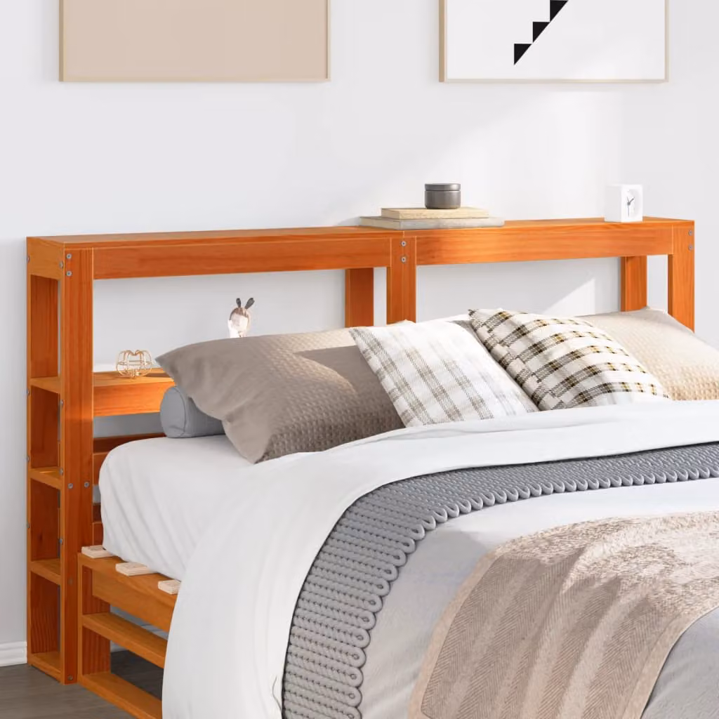 Testiera con ripiani vidaXL in legno massello di pino, colore marrone cera, stile rustico, per letto 150x200 cm
