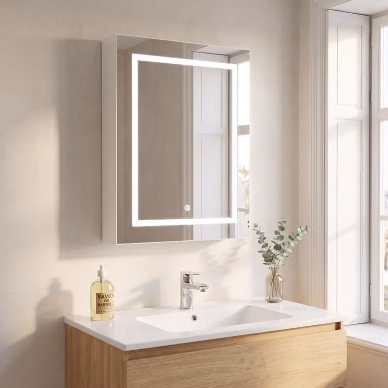 INONEFT, mobiletti specchio da bagno con illuminazione a LED, specchio da bagno, illuminazione a tre colori, antiappannamento, 1 anta, mobiletto bagno 50 x 70 cm