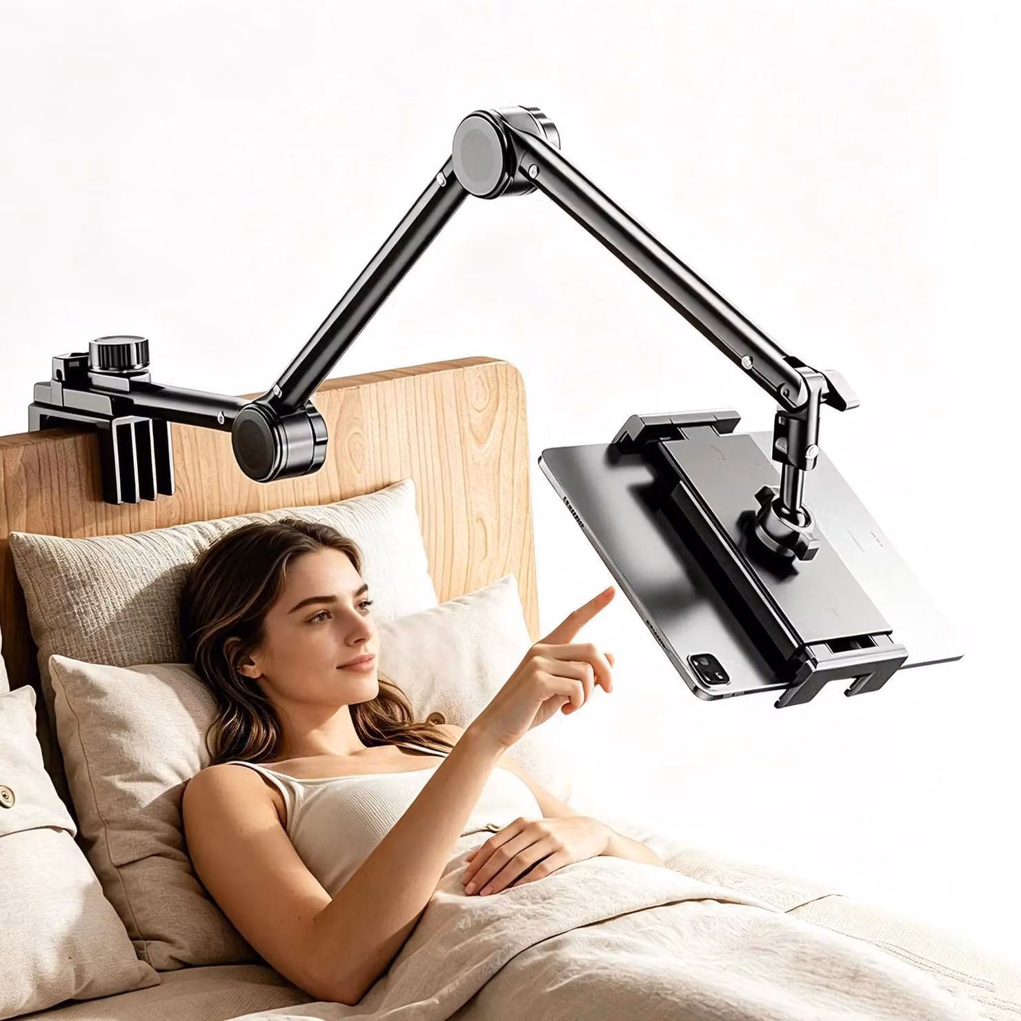 Supporto per tablet e smartphone, con braccio girevole multi-regolabile Acciaio al carbonio, regolabile in altezza e montaggio senza l'uso di attrezzi, ideale per letto e scrivania