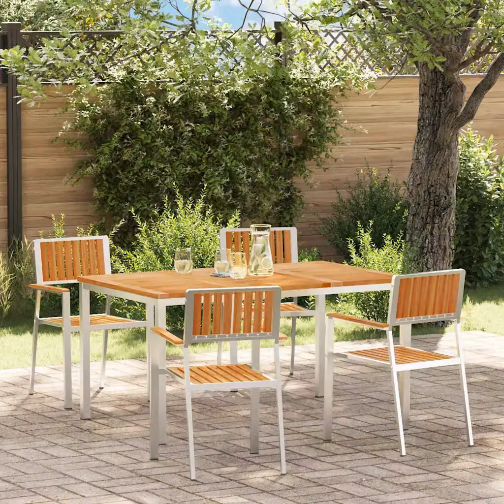 Set da pranzo per esterni vidaXL in teak e acciaio inossidabile, 5 pezzi, marrone e argento, L: 150 cm, P: 90 cm, H: 75 cm